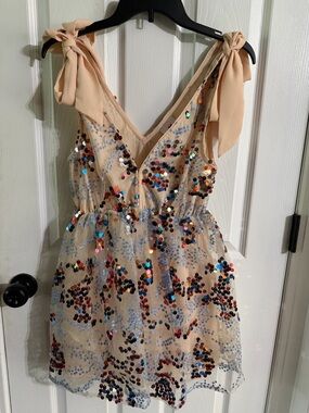 Sequin Embellished Tie-Shoulder Party Dress - Nude